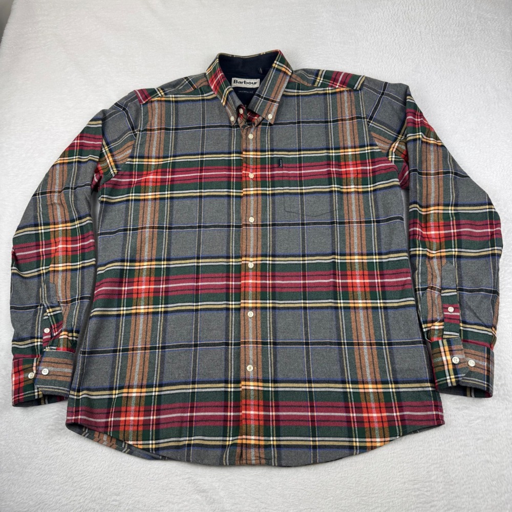 Barbour Castlebay Flannel Shirt‎ Mens XL Grey Red Plaid Tailored Fit MSH3221GY52